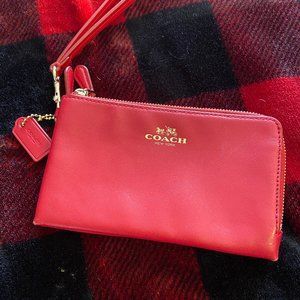 Coach Classic Red Leather Double Zipper Wristlet